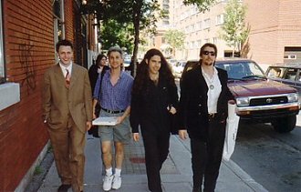 Prowling the streets of Montreal 'Reservoir Dogs' style, L-R, James Gunn, Author (holding pizza box!), Mitch Davis, Richard Stanley